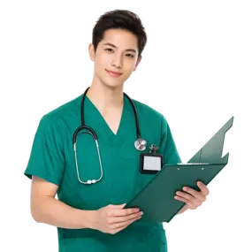 "Young Asian male doctor in green scrubs holding a medical chart and wearing a stethoscope"