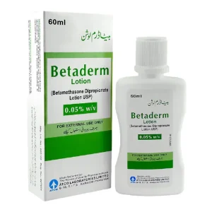 Betaderm Lotion 60ml bottle – topical corticosteroid with betamethasone, used to relieve itching, redness, and inflammation in skin conditions such as eczema and dermatitis.