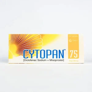 Box of Cytopan 75 medication containing 20 tablets of Diclofenac Sodium 75mg and Misoprostol 200mcg, featuring an orange and yellow sunburst design"