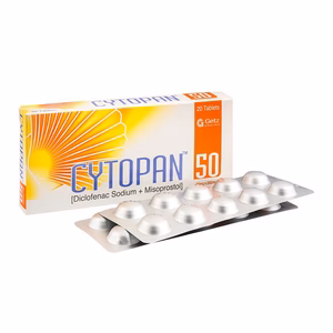 Box of Cytopan 50 medication containing Diclofenac Sodium 50mg and Misoprostol 200mcg tablets, featuring an orange and yellow sunburst design"