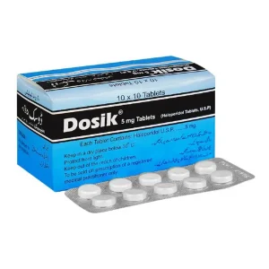 Dosik 5mg tablets box in blue and black packaging with blister pack, containing Haloperidol USP, 10x10 tablets"