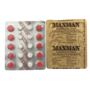 Maxman tablets blister pack showing red and white capsules with gold packaging label - male enhancement supplement