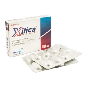 "Xilica 50mg Pregabalin capsules box with two blister packs containing 14 white and green capsules, manufactured by PharmEvo"
