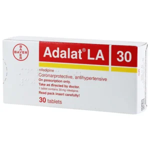 Adalat LA 30mg tablets box by Bayer, red and white packaging, containing nifedipine for coronary and blood pressure treatment, 30 tablets"