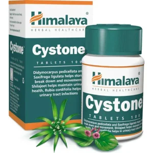 Himalaya Cystone Tablets 100 count bottle with packaging box, featuring teal and orange design with herbal plant illustrations, a natural herbal supplement for urinary tract health"