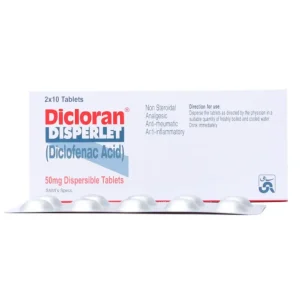 Dicloran Disperlet 50mg tablets with blister pack, white and red packaging, containing Diclofenac Acid dispersible tablets, 2x10 tablets, SAMI's Specs"