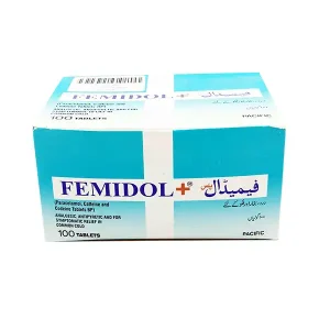 "Femidol Plus tablets box, turquoise and white packaging, containing paracetamol, caffeine and codeine, 100 tablets by Pacific"