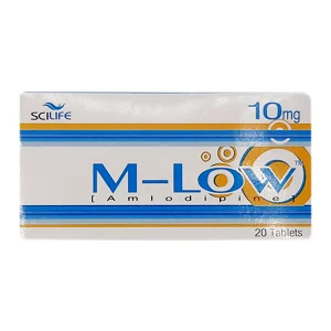 M-Low 10mg tablets box by Scilife, white packaging with blue and orange stripes, containing Amlodipine, 20 tablets"