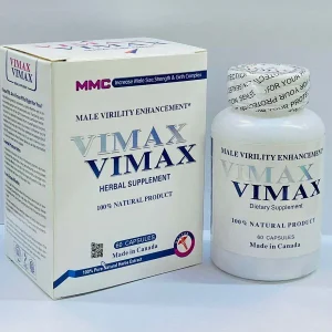 Vimax herbal supplement bottle and box - male virility enhancement dietary supplement, 60 capsules, made in Canada