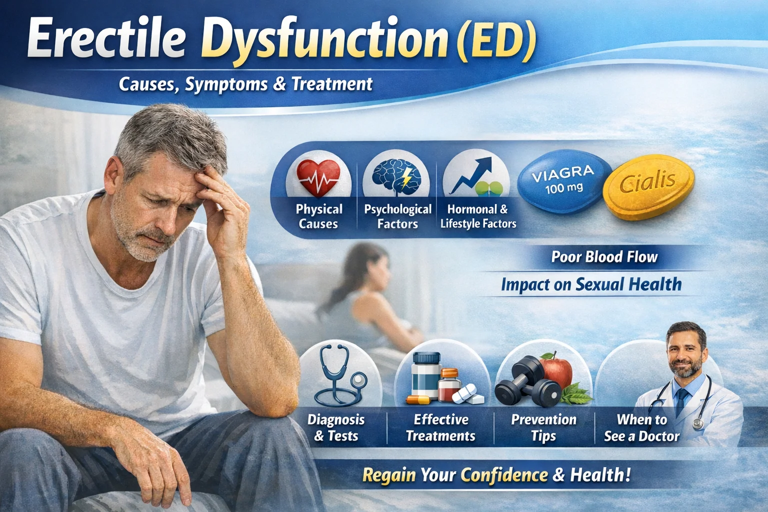 Informational banner about Erectile Dysfunction (ED) showing stressed man, causes like physical and psychological factors, and treatment options including Viagra and Cialis medicines.