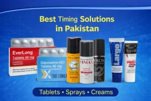 Premature Ejaculation Timing Solutions Banner featuring Everlong 60mg tablets, Xtra Long tablets, Super Viga Delay Spray, Eros Delay Cream and other PE treatment products available at SehatNama.pk