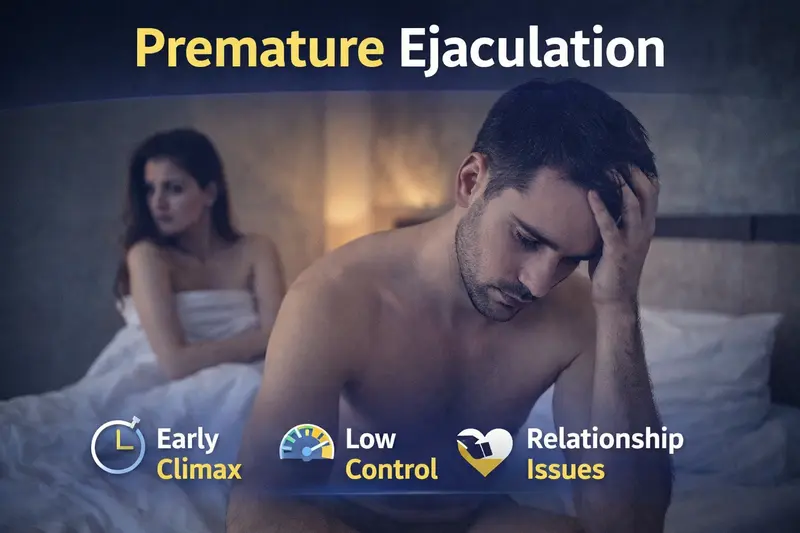 “Premature ejaculation problem – sad man sitting on bed while worried partner looks away, showing stress and relationship impact”