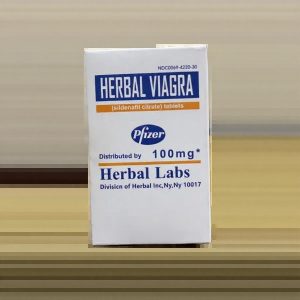 White medicine box labeled "Herbal Viagra" containing sildenafil citrate tablets 100mg, distributed by Herbal Labs.