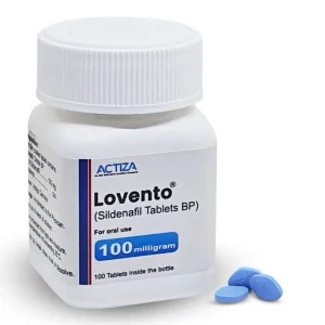 Lovento 100mg Sildenafil Tablets BP by Actiza — white bottle with 100 blue tablets for oral use.