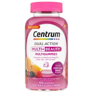 Centrum Dual Action Multi + Beauty Multigummies bottle, 100 count, in natural cherry, berry, and orange flavors.