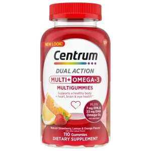 Centrum Dual Action Multi + Omega-3 Multigummies bottle, 110 count, in natural strawberry, lemon, and orange flavors.