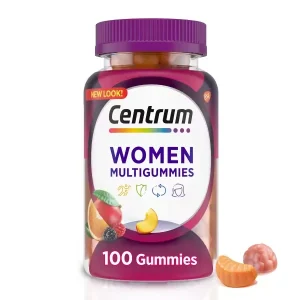 Centrum Women Multigummies bottle, 100 count, with two fruit-flavored gummies displayed in front.