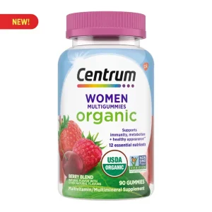 Centrum Organic Women MultiGummies bottle with strawberry flavor, USDA Certified Organic women’s multivitamin, 90 gummies