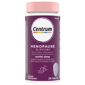 Centrum Menopause Support Restful Sleep dietary supplement, 28 tablets, in a purple and pink bottle.