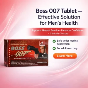 Boss 007 Tablet box with promotional text highlighting natural erection support, enhanced confidence, and clinical trust for men’s health.