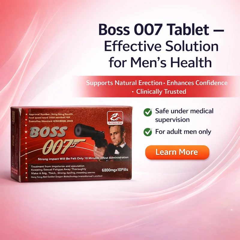 Boss 007 Tablet box with promotional text highlighting natural erection support, enhanced confidence, and clinical trust for men’s health.
