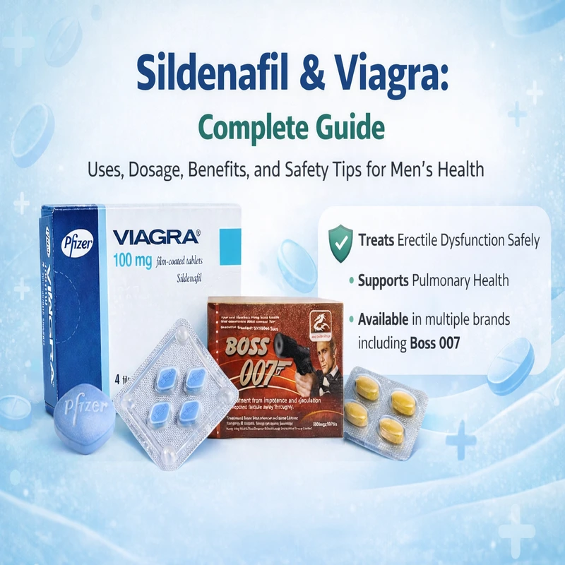 Professional banner showing Sildenafil and Viagra tablets with Boss 007 packaging, highlighting uses, dosage, benefits, and safety tips for men’s health.