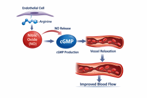 An illustrated diagram showing the nitric oxide (NO) pathway and its effect on blood flow, depicting the steps from endothelial cell activity to improved circulation.