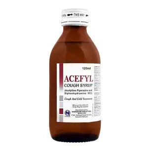 Brown bottle of Acefyl Cough Syrup (Acetyline Piperazine + Diphenhydramine HCl) by Nargish Industries for Cough and Cold Treatment — 120ml bottle.