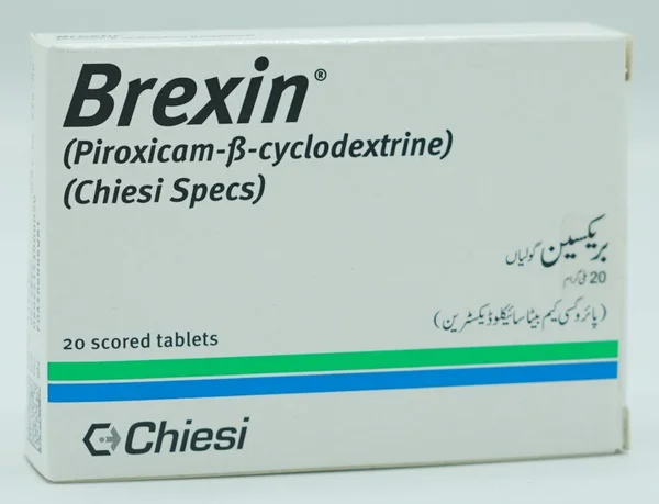Brexin 20mg Piroxicam-Beta-Cyclodextrine scored tablets box of 20, Chiesi Specs, NSAID anti-inflammatory pain relief medication, white packaging with green and blue stripes