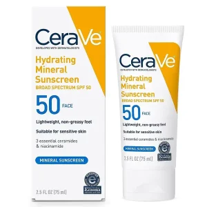 CeraVe Hydrating Mineral Sunscreen Broad Spectrum SPF 50 Face Lotion 75ml tube and box, with ceramides and niacinamide, suitable for sensitive skin, accepted by National Eczema Association