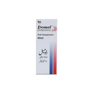 Box of Domel (Domperidone) Oral Suspension 60ml with English and Urdu labeling — anti-nausea and vomiting syrup.