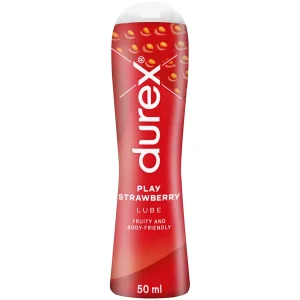 Durex Play Strawberry Flavoured Personal Lubricant Gel — Fruity and Body-Friendly Formula — 50ml red bottle.