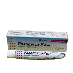 Box and tube of Fasoderm-F Gel (Isotretinoin 0.5mg + Erythromycin 0.3mg) by Horizons Health Pakistan For External Use Only — 10gram gel tube with English and Urdu labeling.