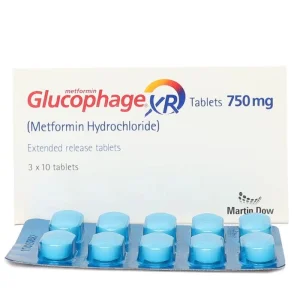 Box of Glucophage XR 750mg Metformin Hydrochloride Extended Release Tablets by Martin Dow, with a blister strip of 10 blue tablets displayed in front.
