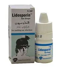 Box and bottle of Lidosporin Ear Drops by GlaxoSmithKline (GSK) for soothing ear infections — 5ml drop bottle with English and Urdu labeling.
