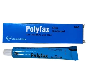 Box and tube of Polyfax Skin Ointment by GlaxoSmithKline (GSK) Pakistan Limited, For External Use Only — 20g tube with English and Urdu labeling.