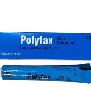 Box and tube of Polyfax Skin Ointment by GlaxoSmithKline (GSK) Pakistan Limited, For External Use Only — 20g tube with English and Urdu labeling.