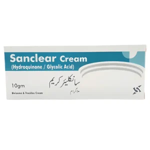 Box of Sanclear Cream (Hydroquinone / Glycolic Acid) Melasma & Freckles Cream — 10gm tube packaging.