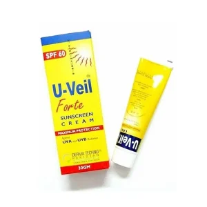 Box and tube of U-Veil Forte SPF-60 Sunscreen Cream by Derma Techno Pakistan — Maximum Protection against UVA and UVB Radiation — 30gm pack.