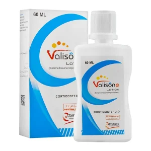 Box and bottle of Valisone Lotion (Betamethasone Dipropionate) Corticosteroid for External Use Only by Crystolite Pharmaceuticals — 60ml pack.