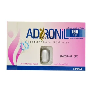 Box of Adronil 150mg (Ibandronate Sodium) Once Monthly Tablet by Searle with a single white tablet displayed in front — 1 tablet per pack.