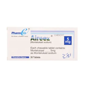 Box of Aireez 5mg (Montelukast Sodium) Chewable Tablets by PharmEvo Karachi — 30 tablets per pack.