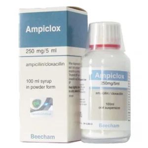 Box and bottle of Ampiclox 250mg/5ml (Ampicillin/Cloxacillin) Oral Suspension Syrup by GlaxoSmithKline (GSK) Beecham — 100ml syrup in powder form.