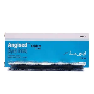 Box of Angised 0.5mg (Glyceryl Trinitrate BP) Tablets with blister strips displayed in front — 6x10 tablets per pack, with English and Urdu labeling.