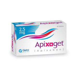 Apixaget 2.5mg Apixaban Tablets box of 30 by Getz Pharma, white and blue packaging with red and blue wave design, oral anticoagulant blood thinner
