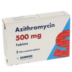 Azithromycin 500mg Film-Coated Tablets by Sandoz — A Novartis Company — Pack of 3 Tablets for Bacterial Infection Treatment.
