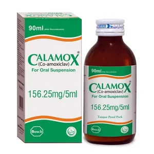 Calamox Co-amoxiclav Oral Suspension 156.25mg/5ml 90ml by Bosch Pharma – green and white box with amber bottle, Halal certified, Tamper Proof Pack