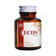 Brown bottle of Cecon 500mg Vitamin C Chewable Tablets by Abbott in Lemon-Orange mixed flavour — 40 chewable tablets per bottle.