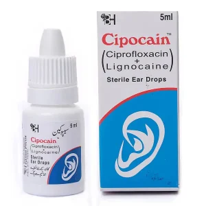 Box and bottle of Cipocain (Ciprofloxacin + Lignocaine) Sterile Ear Drops by Barrett Hodgson (BH) Pakistan — 5ml dropper bottle with English and Urdu labeling.