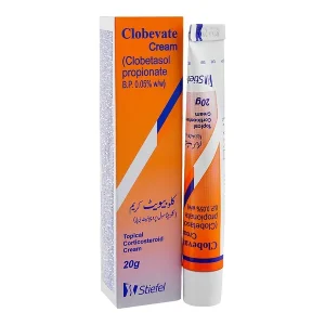 Clobevate Cream 20g Clobetasol Propionate 0.05% w/w topical corticosteroid cream tube and box by Stiefel, orange and white packaging